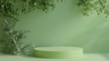 3D rendered image of a green podium viewed from above against a green backdrop for product display marketing