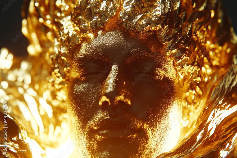 Aufkleber abstract portrayal of a man with a golden melting face symbolizing intense creativity transformation