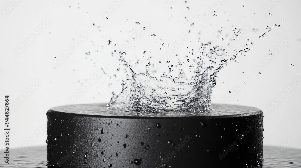Poster 3d rendering of a black podium with water splashing against a white backdrop