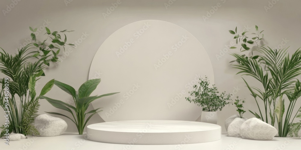 Leinwandbilder 3d rendering of an empty podium mockup featuring geometric shapes and a nature inspired theme for sh