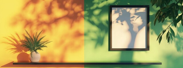 3D picture frame displayed on a shelf casting a tree shadow on a vibrant green and orange wall summer themed product mockup background 3D render illustration