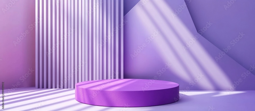 Poster 3d illustration of a purple circular podium set against a backdrop of geometric shapes minimalist de