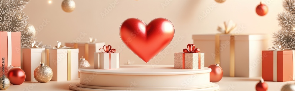 Poster 3d rendering of a heart on a podium surrounded by decorative gift boxes and ornaments