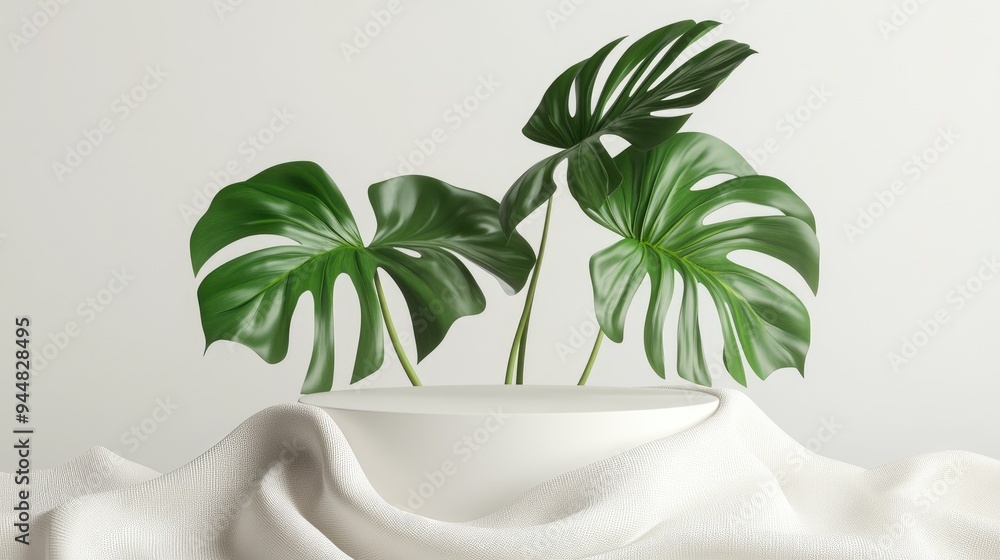 Poster 3d podium presentation featuring a monstera palm leaf on a white backdrop with fabric mockup for cos
