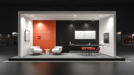 Modern Trade Show Booth Design with White Chairs  Black Counter  and Red Accents