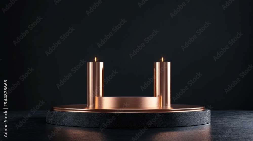 Aufkleber 3D render of a rose gold and black podium set against a dark background featuring an abstract geometric cylinder design ideal for a luxury mock up empty showcase display