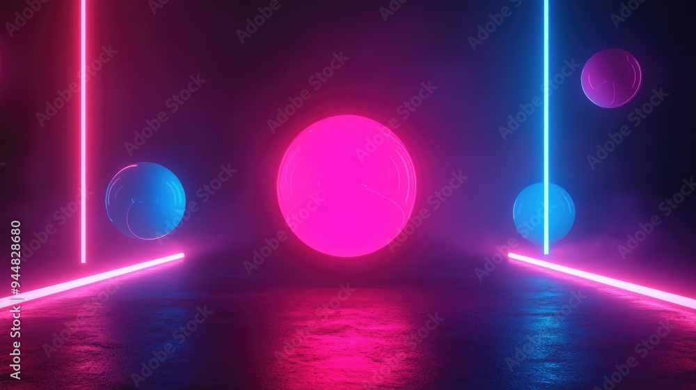 Aufkleber 3d rendering illustration of a glowing neon light set in a dark room celebration theme with a floati