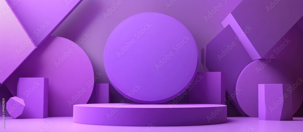 Poster 3d illustration of a purple circular podium set against a backdrop of geometric shapes minimalist de