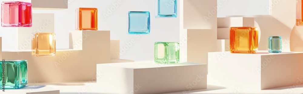 Aufkleber 3d render of an abstract background featuring white cobblestone ruins and colorful glass blocks in m