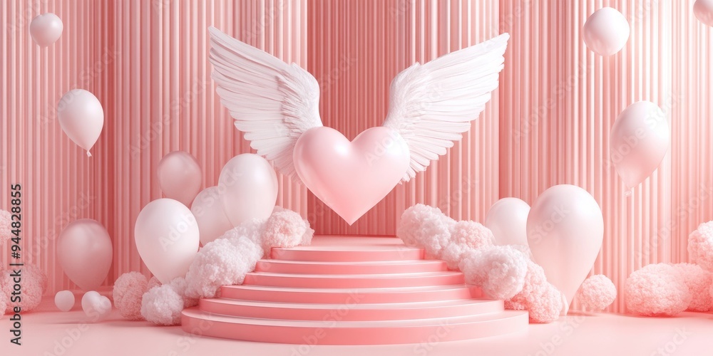 Poster 3D rendering of an abstract product display featuring a heart cupid wings and steps suitable for a romantic theme