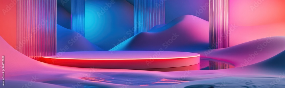 Poster 3d render of a surreal landscape featuring water and vibrant sand a podium display set against an ab