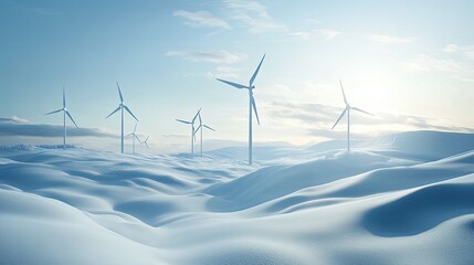Wind turbine farm in winter, snow-covered landscape, cold sunlight