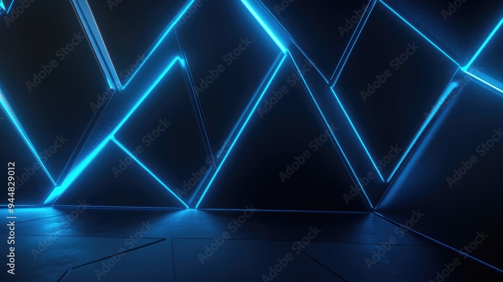Poster 3d rendered black geometry illuminated by blue gradient neon lights against a dark backdrop