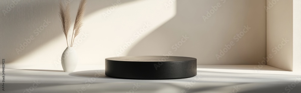 Poster 3d rendering of a minimalistic background for cream cosmetics featuring a sleek black podium