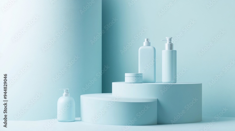 Aufkleber 3d rendering of a minimalist product display background for skincare items in soft blue pastel tones