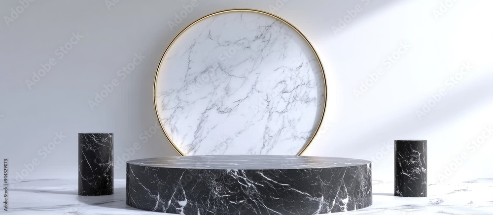 Poster 3D rendering of black and white marble pedestal steps on a white background featuring a golden ring and round frame with two cylinders in an abstract minimal concept creating a blank space and a si