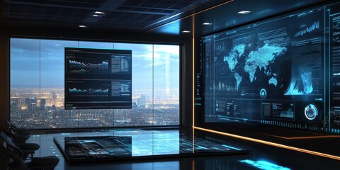 Obraz premium Detailed business presentation with charts graphs and interactive visuals in a high-tech office environment