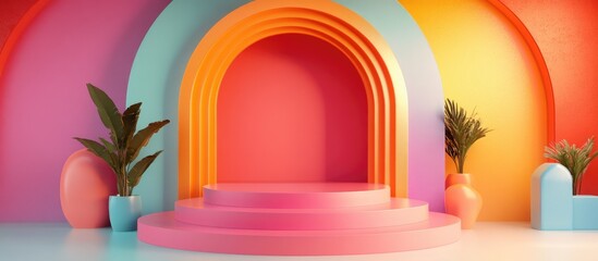 3D rendering of a vibrant geometric podium with contemporary abstract wallpaper