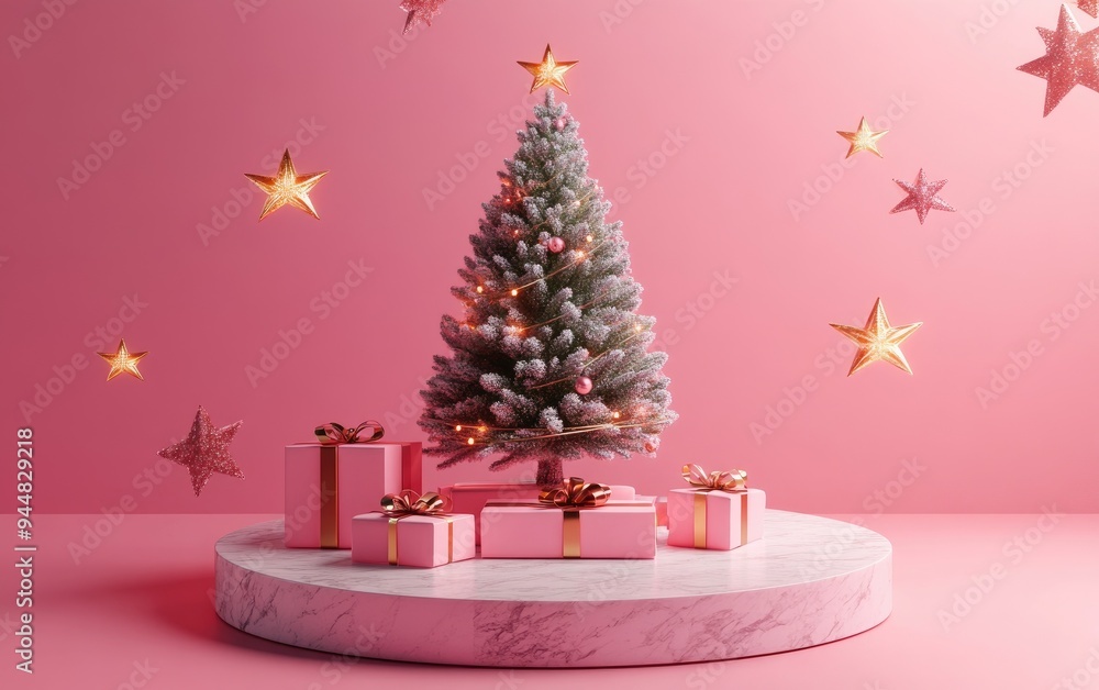 Poster 3d rendering of a christmas gift box decorated tree and stars positioned on a round marble pedestal 