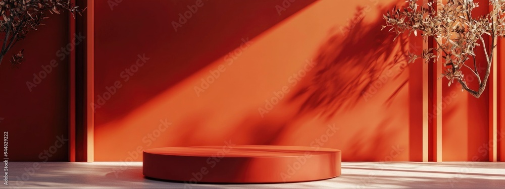 Poster 3d rendering of a blank backdrop for cream cosmetic products featuring a modern red podium