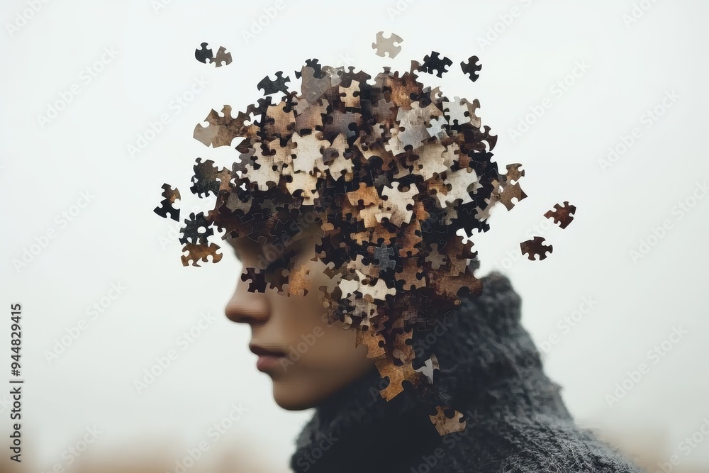 Poster profile of a woman with puzzle pieces disintegrating from her head symbolizing the fragility of memo