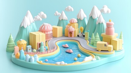 Digital Commerce Wonderland: Surreal Landscape of Shipping Boxes Mountains and Transaction Rivers, Generative Ai