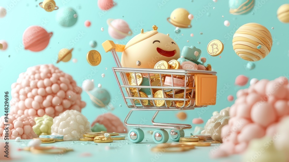 Poster cosmic e-commerce: shopping cart adrift in space surrounded by coin planets and product orbits, gene