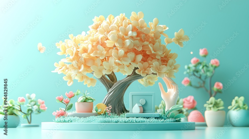 Poster digital commerce: hand reaching from computer screen to pick products from surreal tree in virtual w