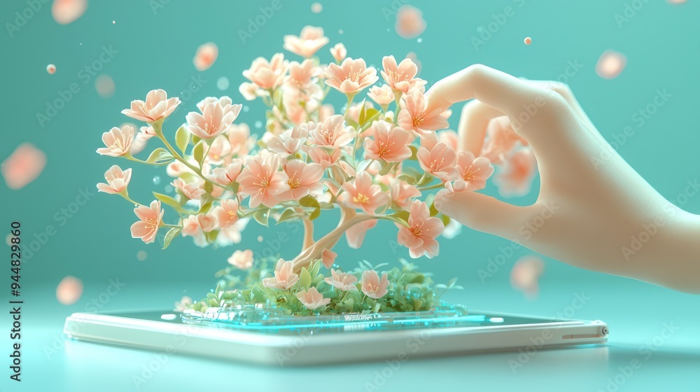 Aufkleber digital reality: hand reaching out of computer screen to pick products from surreal tree in virtual 