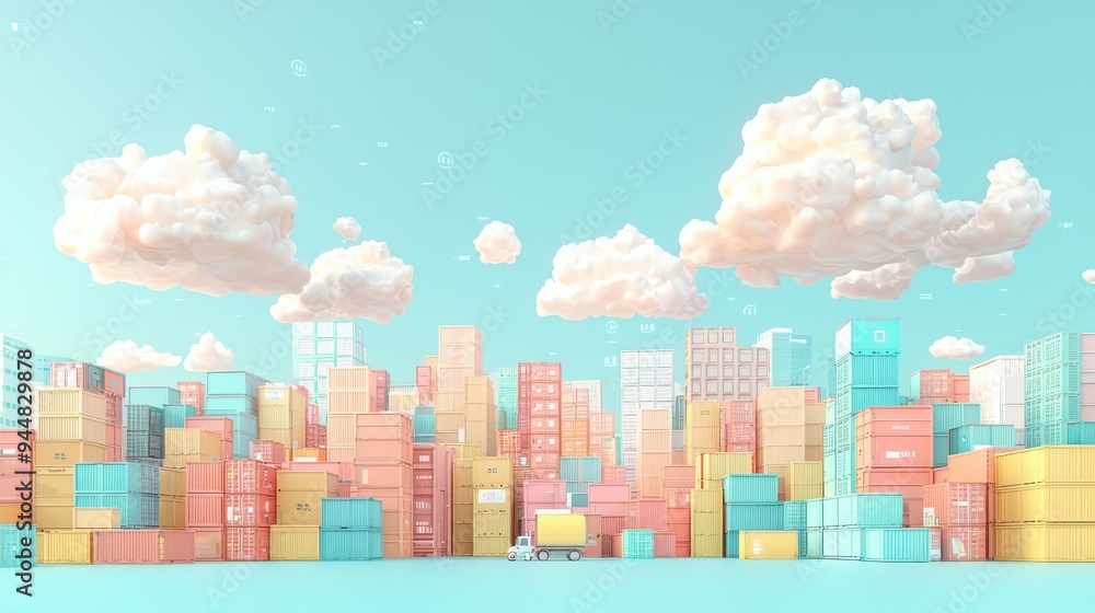 Aufkleber digital commerce metropolis: city skyline of shipping boxes & binary code clouds, generative ai