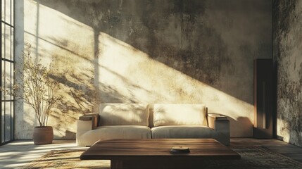 A Modern Living Room with a Couch, Coffee Table, and a Window