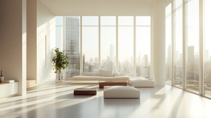 Obraz premium Modern Living Room with Cityscape View and White Furniture