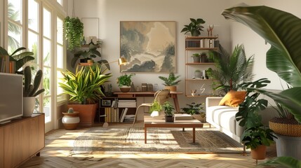 Contemporary Chic: Stylish Living Room with Design Furniture and Bamboo Bookstand