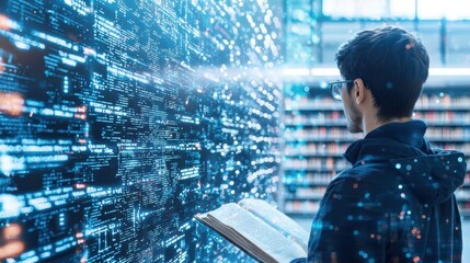 Fototapeta premium Man Reading Book with Code and City Lights Overlays