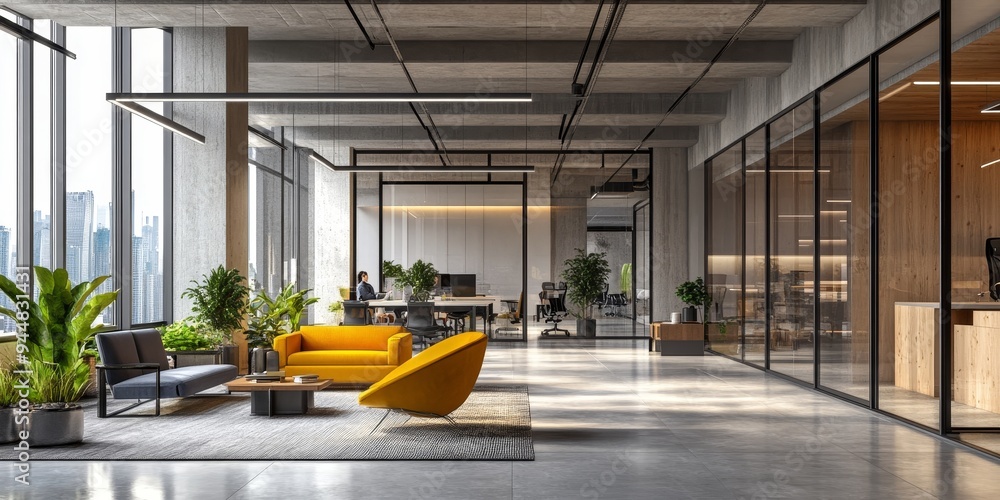 Poster modern corporate workspace where tech innovation thrives with professionals exploring new technologi