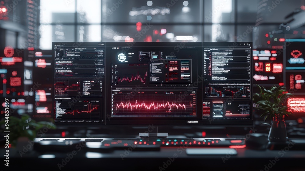 Aufkleber futuristic technology interface with red and blue lights on a computer screen