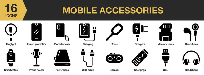 Mobile Accessories solid icon set. Includes charger, handsfree, headphone, memory card, phone holder, and More. Solid icons vector collection.