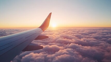 Airplane Wing Over Clouds at Sunset