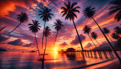 「カラフルなトロピカルサンセットと海岸の風景」

