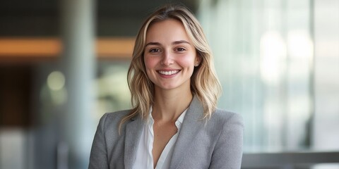 Fototapeta premium Business portrait of a smiling professional in a modern office setting with natural light and minimalistic background