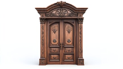 2. **A traditional wooden door with detailed carvings, rendered on a pristine white background.