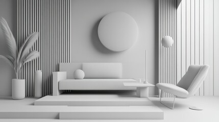 Minimalist White Living Room Interior with Geometric Shapes and a Single Plant