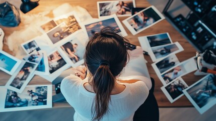 A woman reviews printed photographs on a wooden table in a cozy indoor space during the late afternoon