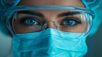 Close-up of a healthcare worker wearing protective eyewear