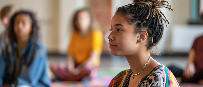 Modern Tutor Leading Mindfulness Session with Nose Ringed Teenagers