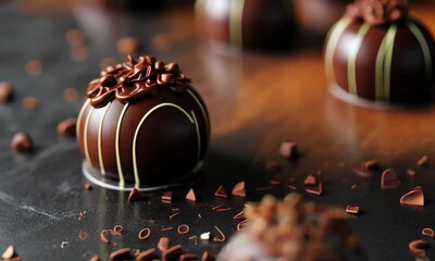 Artistic chocolate praline on dark backdrop, scattered cocoa
