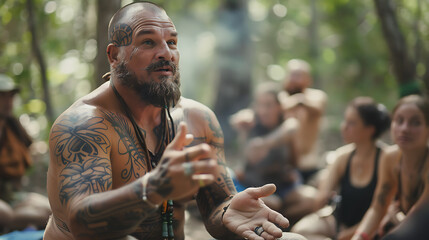Obraz premium Tribal Tattooed Tutor Leading Wilderness Survival Workshop in Nature