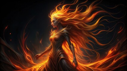 Fototapeta premium A woman with flowing fiery hair and a dress made of flames