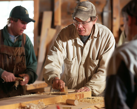 Skilled Vocational Teacher Demonstrating Carpentry Techniques to Apprentices in Workshop Setting