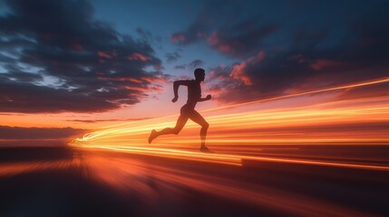 Silhouette of a Runner with Light Trails at Sunset